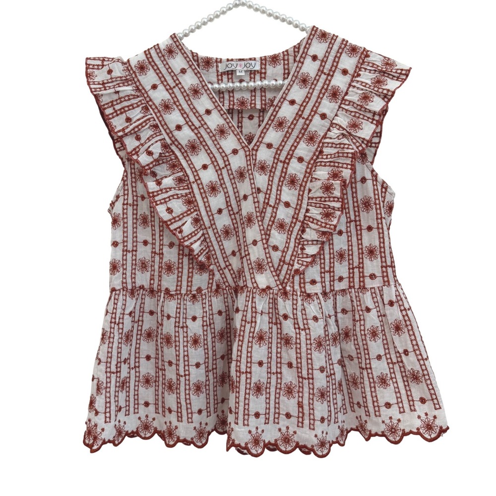 Joy Joy Womens White Rust Floral Embroidered Ruffle Peplum Top M Boho Eyelet